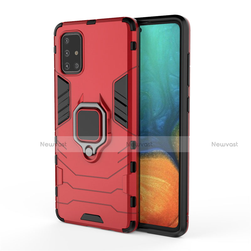 Silicone Matte Finish and Plastic Back Cover Case with Magnetic Finger Ring Stand for Samsung Galaxy A51 5G Red