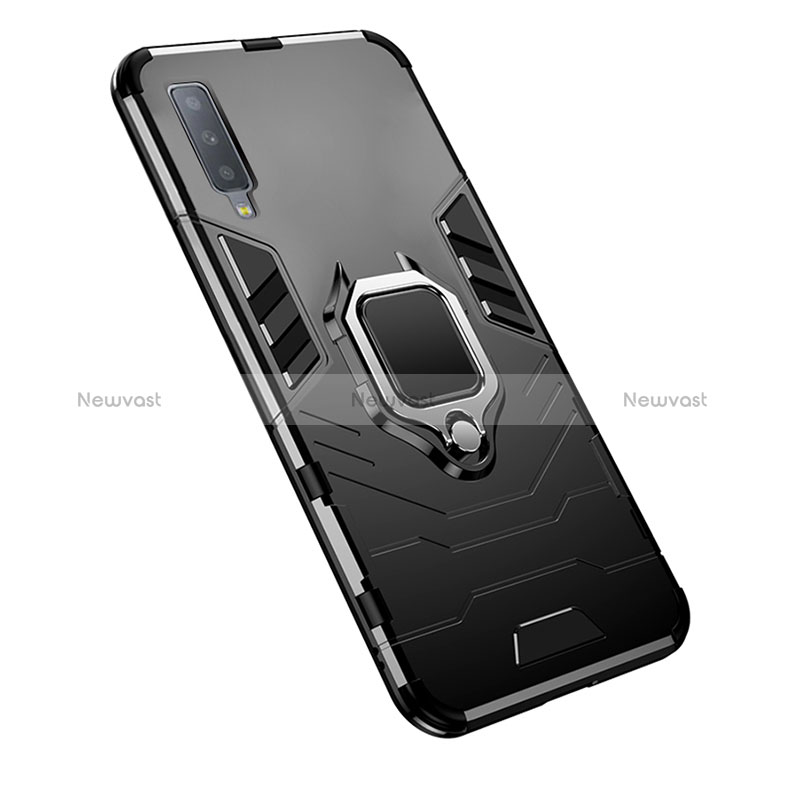 Silicone Matte Finish and Plastic Back Cover Case with Magnetic Finger Ring Stand for Samsung Galaxy A7 (2018) A750