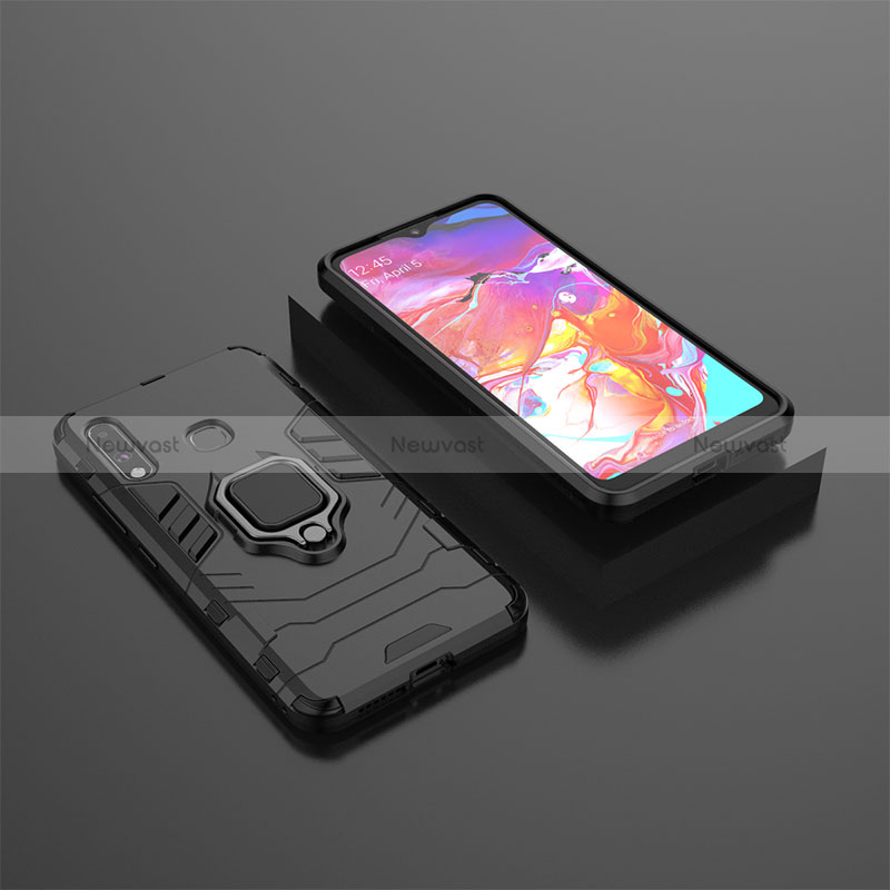 Silicone Matte Finish and Plastic Back Cover Case with Magnetic Finger Ring Stand for Samsung Galaxy A70E