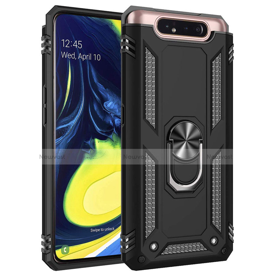 Silicone Matte Finish and Plastic Back Cover Case with Magnetic Finger Ring Stand for Samsung Galaxy A80