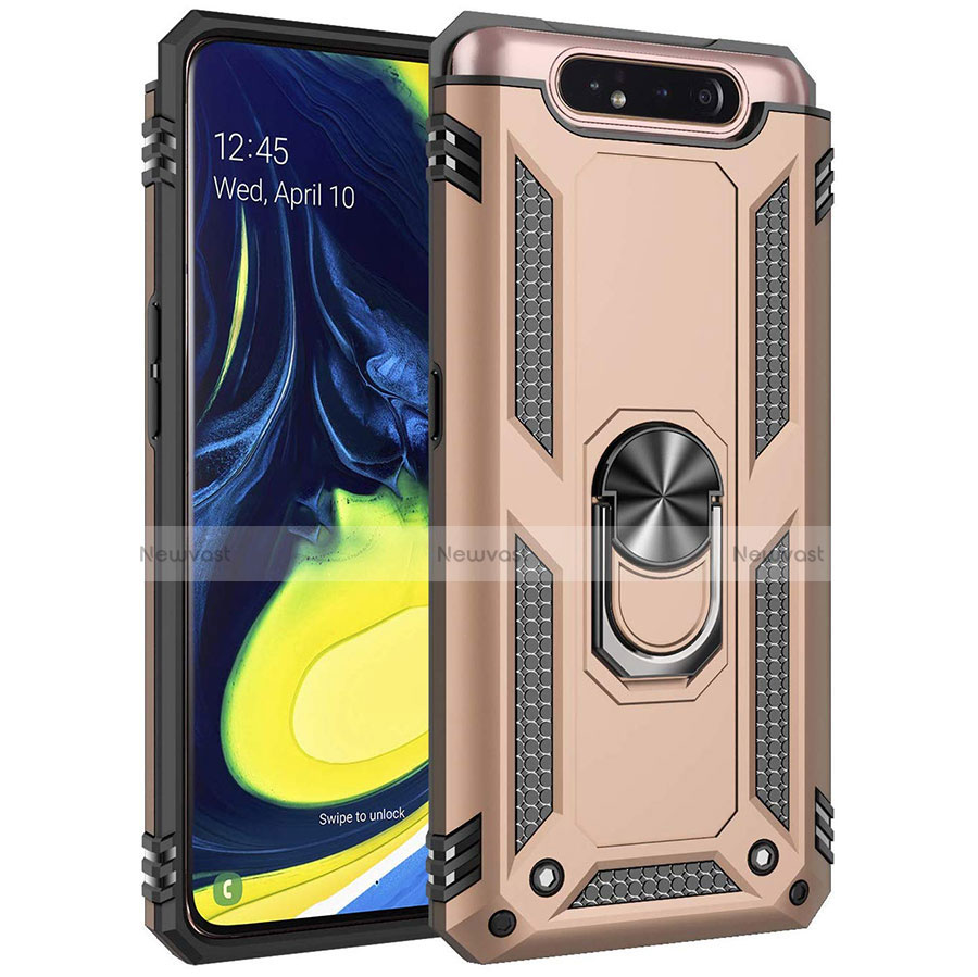 Silicone Matte Finish and Plastic Back Cover Case with Magnetic Finger Ring Stand for Samsung Galaxy A80