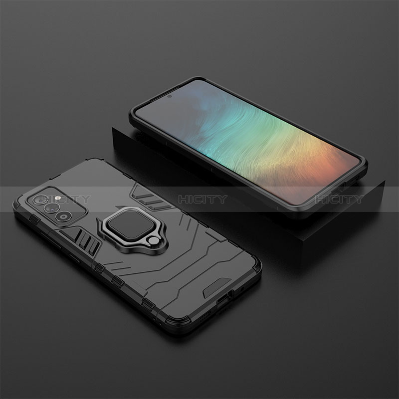 Silicone Matte Finish and Plastic Back Cover Case with Magnetic Finger Ring Stand for Samsung Galaxy A82 5G Black