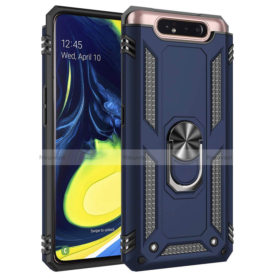 Silicone Matte Finish and Plastic Back Cover Case with Magnetic Finger Ring Stand for Samsung Galaxy A90 4G Blue