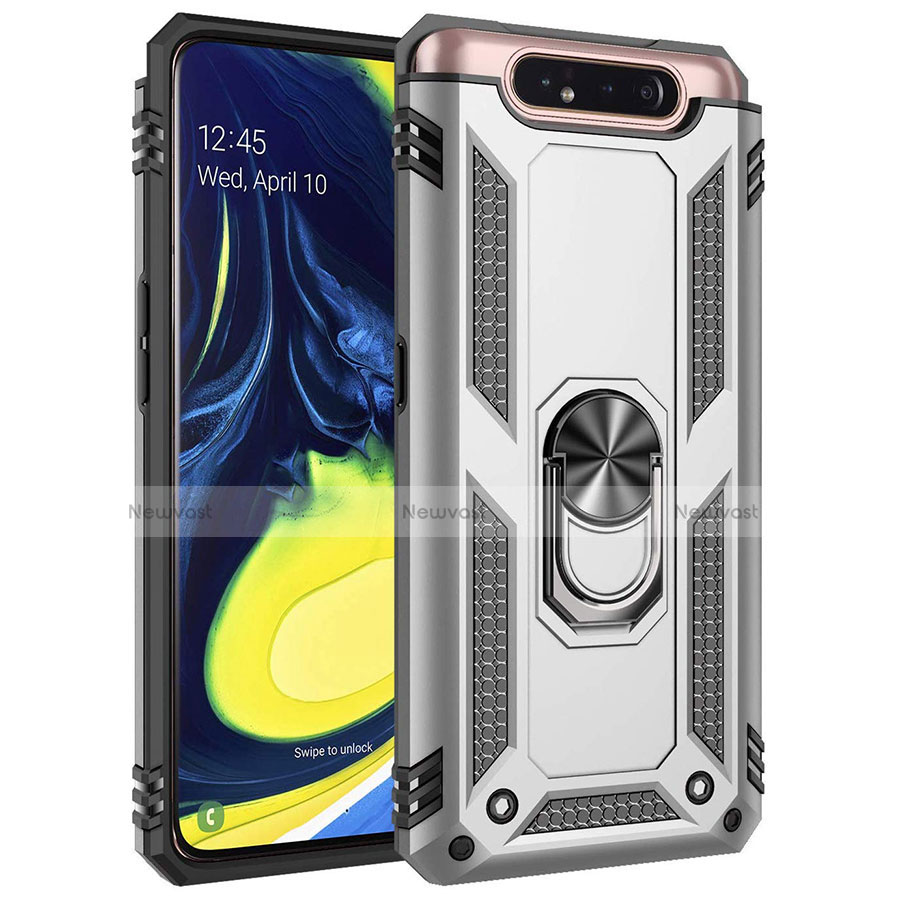 Silicone Matte Finish and Plastic Back Cover Case with Magnetic Finger Ring Stand for Samsung Galaxy A90 4G Silver