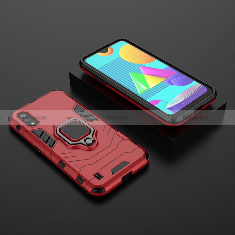 Silicone Matte Finish and Plastic Back Cover Case with Magnetic Finger Ring Stand for Samsung Galaxy M01 Red