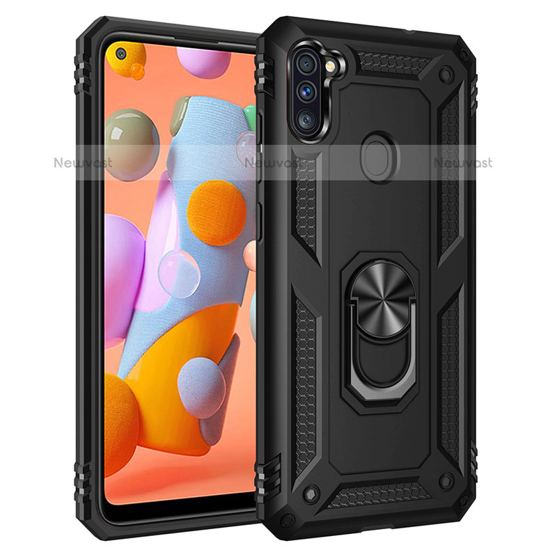 Silicone Matte Finish and Plastic Back Cover Case with Magnetic Finger Ring Stand for Samsung Galaxy M11