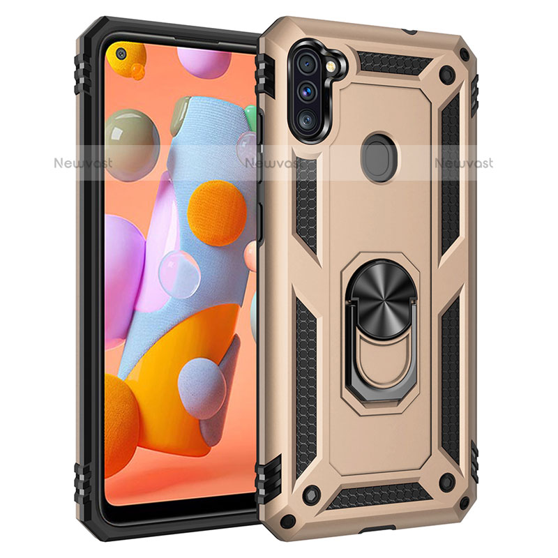 Silicone Matte Finish and Plastic Back Cover Case with Magnetic Finger Ring Stand for Samsung Galaxy M11 Gold