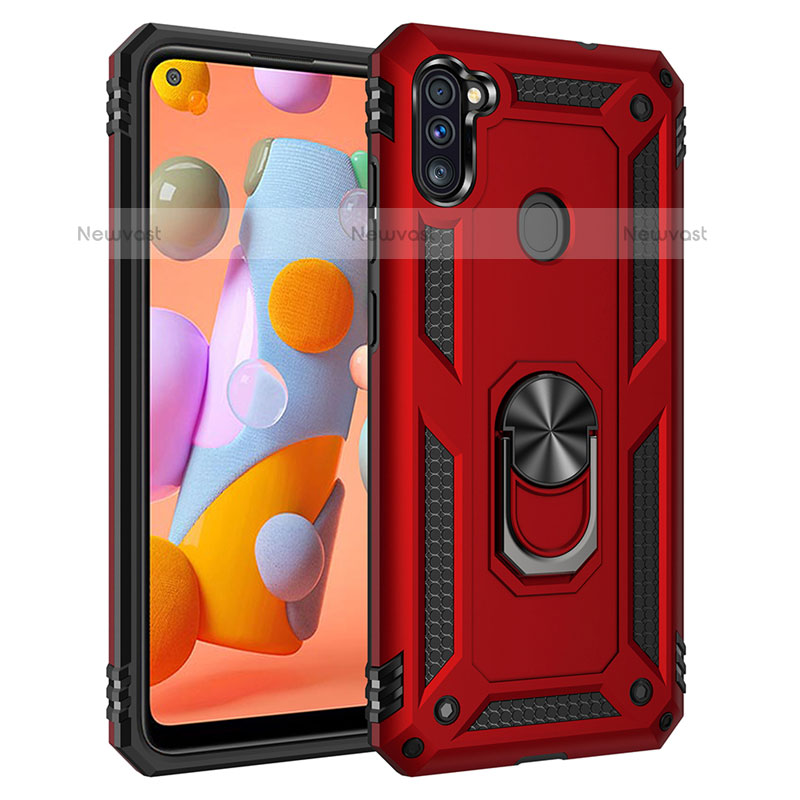 Silicone Matte Finish and Plastic Back Cover Case with Magnetic Finger Ring Stand for Samsung Galaxy M11 Red