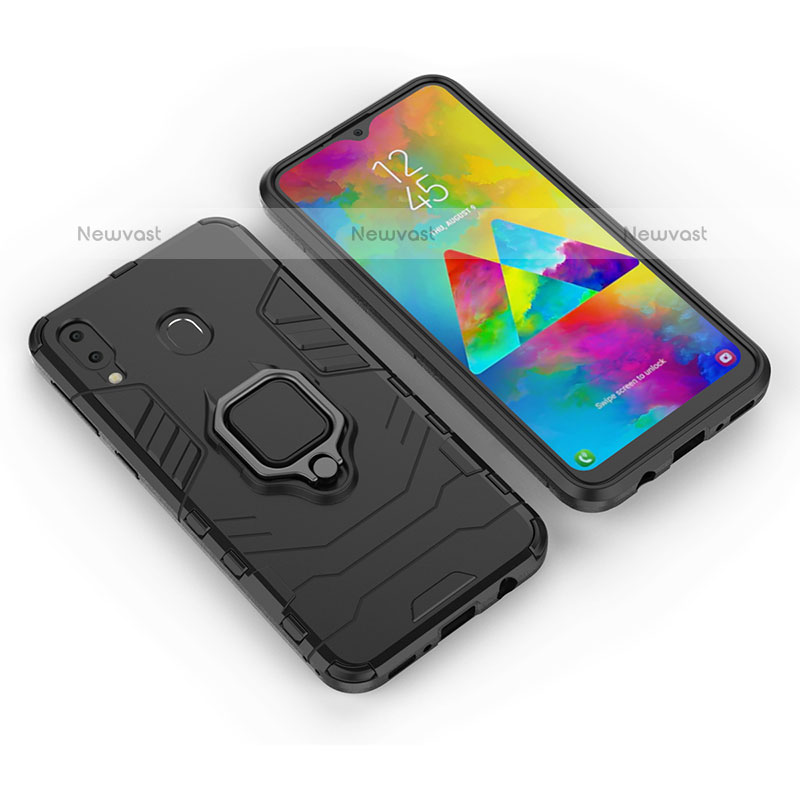 Silicone Matte Finish and Plastic Back Cover Case with Magnetic Finger Ring Stand for Samsung Galaxy M20 Black