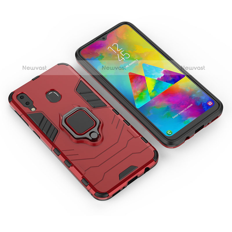 Silicone Matte Finish and Plastic Back Cover Case with Magnetic Finger Ring Stand for Samsung Galaxy M20 Red