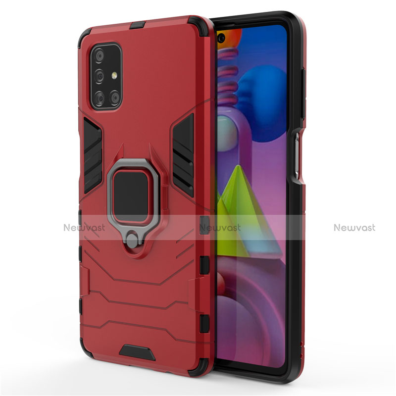 Silicone Matte Finish and Plastic Back Cover Case with Magnetic Finger Ring Stand for Samsung Galaxy M51 Red