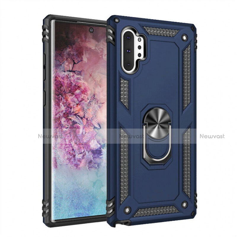 Silicone Matte Finish and Plastic Back Cover Case with Magnetic Finger Ring Stand for Samsung Galaxy Note 10 Plus 5G Blue