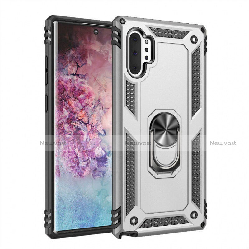 Silicone Matte Finish and Plastic Back Cover Case with Magnetic Finger Ring Stand for Samsung Galaxy Note 10 Plus 5G Silver