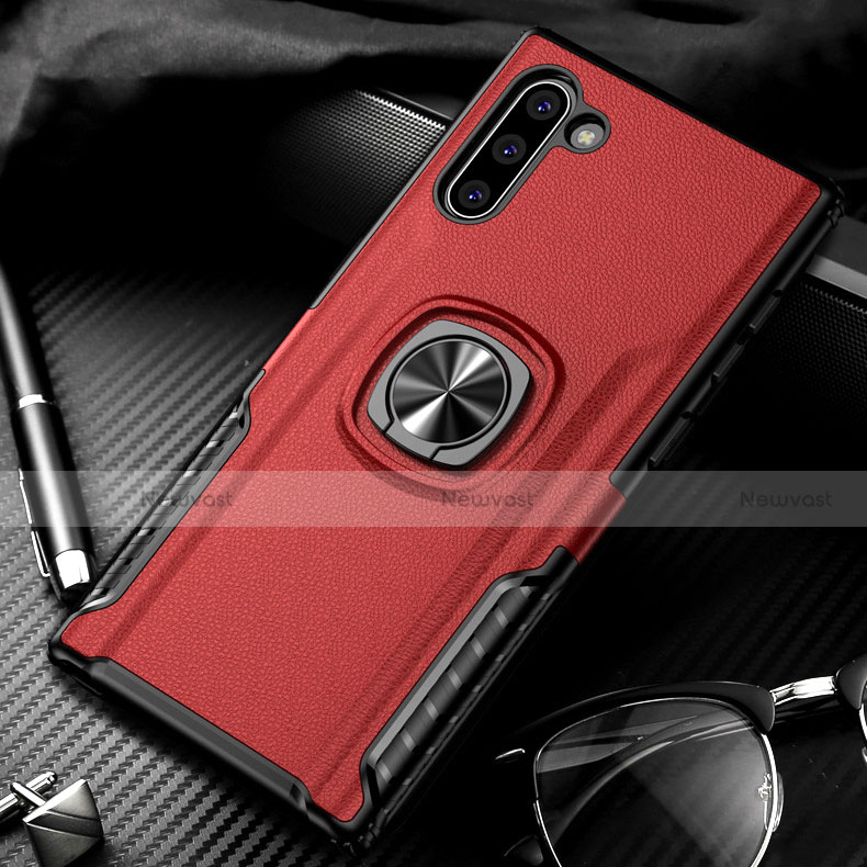 Silicone Matte Finish and Plastic Back Cover Case with Magnetic Finger Ring Stand for Samsung Galaxy Note 10 Red