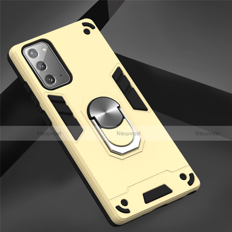 Silicone Matte Finish and Plastic Back Cover Case with Magnetic Finger Ring Stand for Samsung Galaxy Note 20 Plus 5G Gold