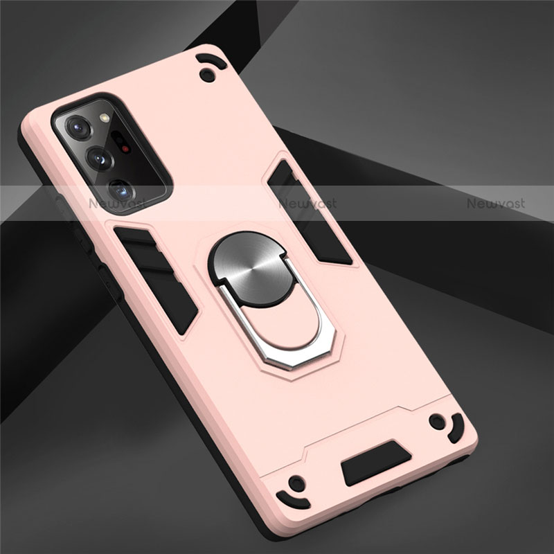 Silicone Matte Finish and Plastic Back Cover Case with Magnetic Finger Ring Stand for Samsung Galaxy Note 20 Ultra 5G Pink