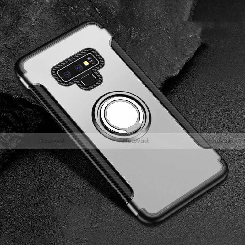 Silicone Matte Finish and Plastic Back Cover Case with Magnetic Finger Ring Stand for Samsung Galaxy Note 9 Silver