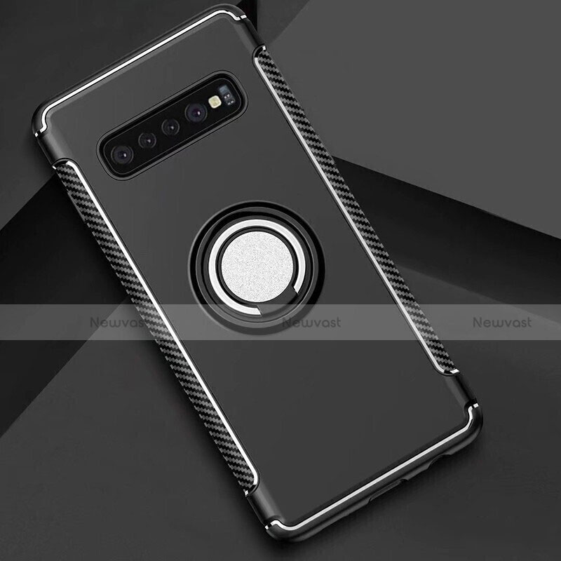 Silicone Matte Finish and Plastic Back Cover Case with Magnetic Finger Ring Stand for Samsung Galaxy S10 5G Black