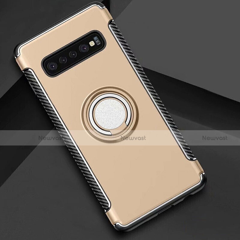 Silicone Matte Finish and Plastic Back Cover Case with Magnetic Finger Ring Stand for Samsung Galaxy S10 5G Gold