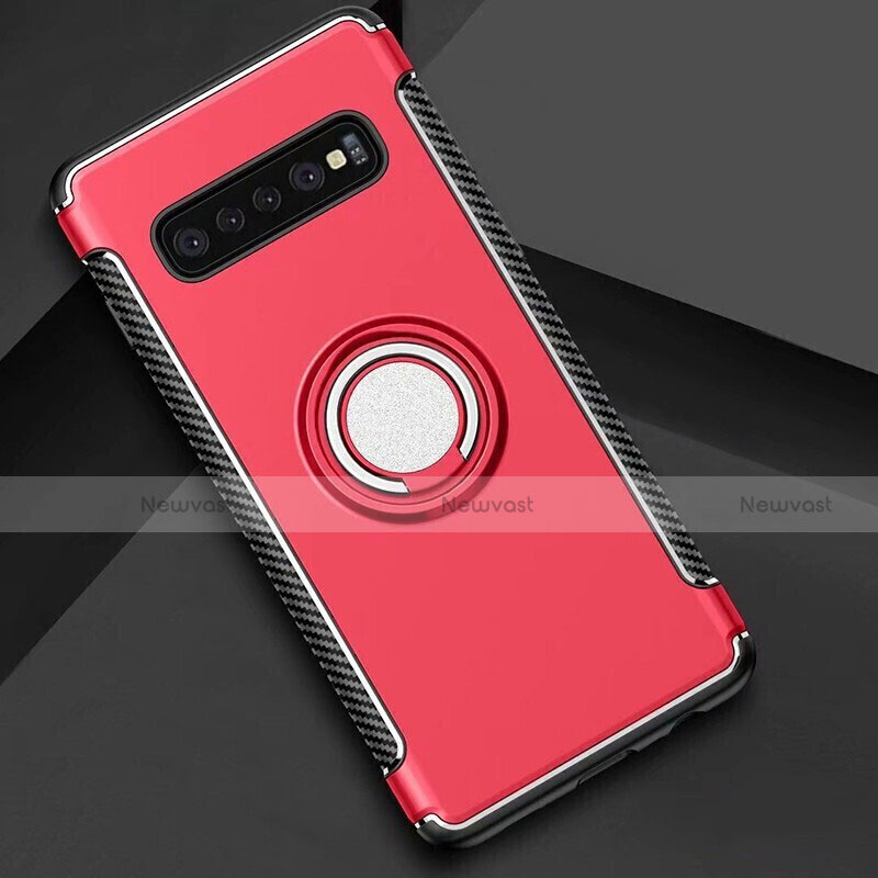 Silicone Matte Finish and Plastic Back Cover Case with Magnetic Finger Ring Stand for Samsung Galaxy S10 5G Red