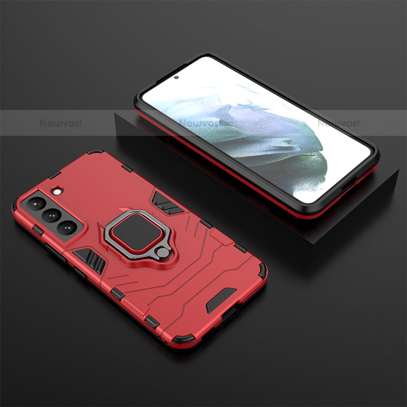 Silicone Matte Finish and Plastic Back Cover Case with Magnetic Finger Ring Stand for Samsung Galaxy S21 FE 5G Red