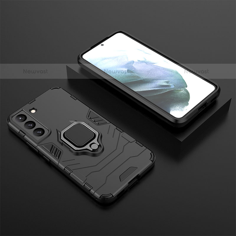 Silicone Matte Finish and Plastic Back Cover Case with Magnetic Finger Ring Stand for Samsung Galaxy S22 Plus 5G