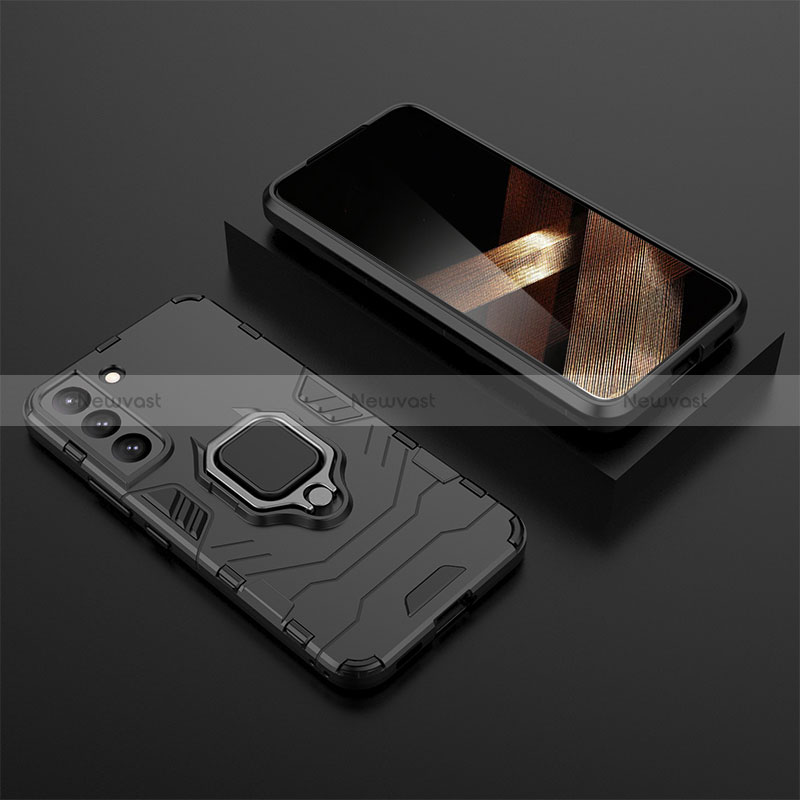 Silicone Matte Finish and Plastic Back Cover Case with Magnetic Finger Ring Stand for Samsung Galaxy S24 5G