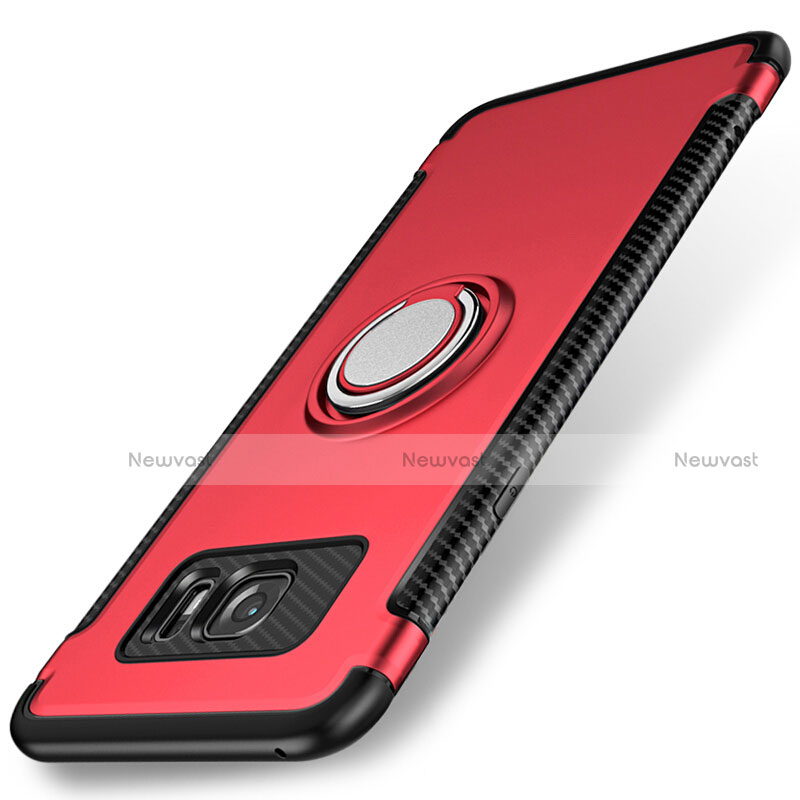 Silicone Matte Finish and Plastic Back Cover Case with Magnetic Finger Ring Stand for Samsung Galaxy S7 Edge G935F Red