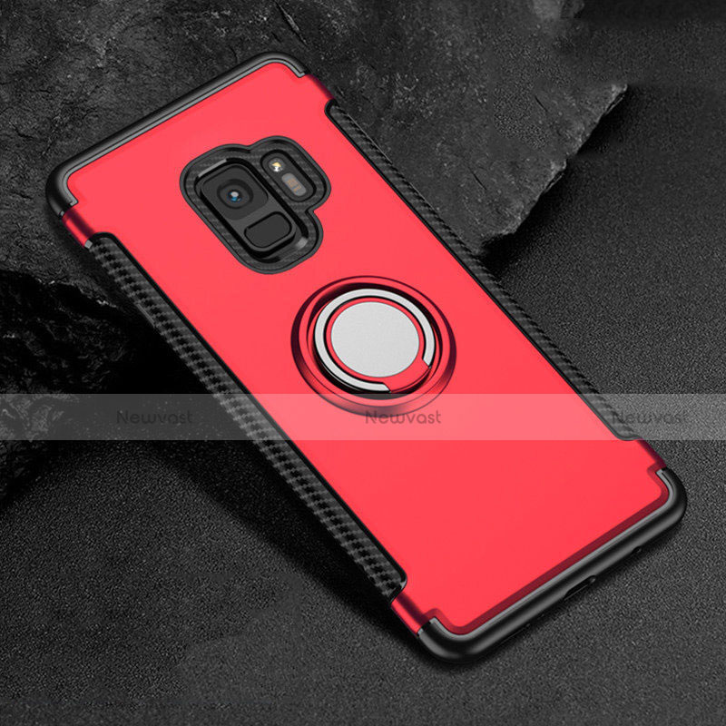 Silicone Matte Finish and Plastic Back Cover Case with Magnetic Finger Ring Stand for Samsung Galaxy S9