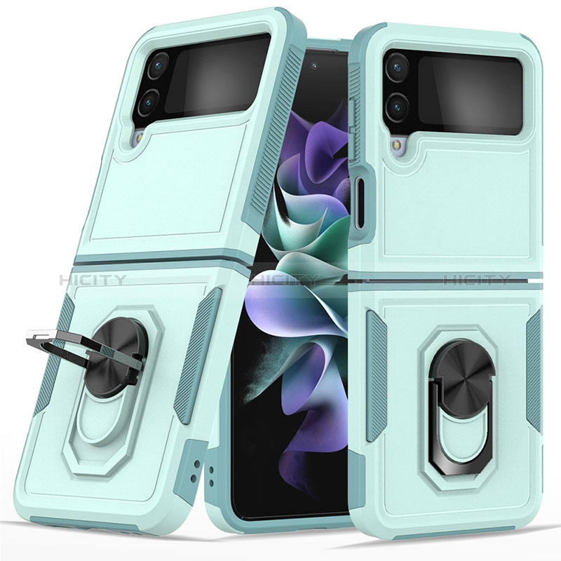 Silicone Matte Finish and Plastic Back Cover Case with Magnetic Finger Ring Stand for Samsung Galaxy Z Flip4 5G Cyan