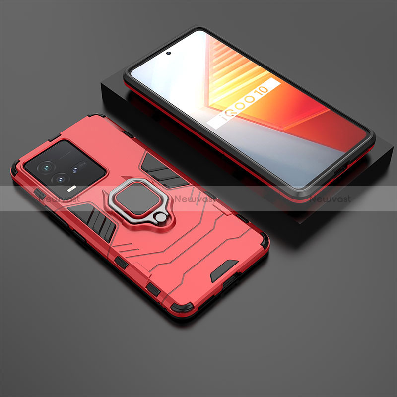 Silicone Matte Finish and Plastic Back Cover Case with Magnetic Finger Ring Stand for Vivo iQOO 10 5G Red