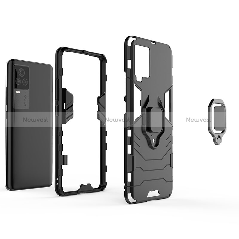 Silicone Matte Finish and Plastic Back Cover Case with Magnetic Finger Ring Stand for Vivo iQOO 7 Legend 5G