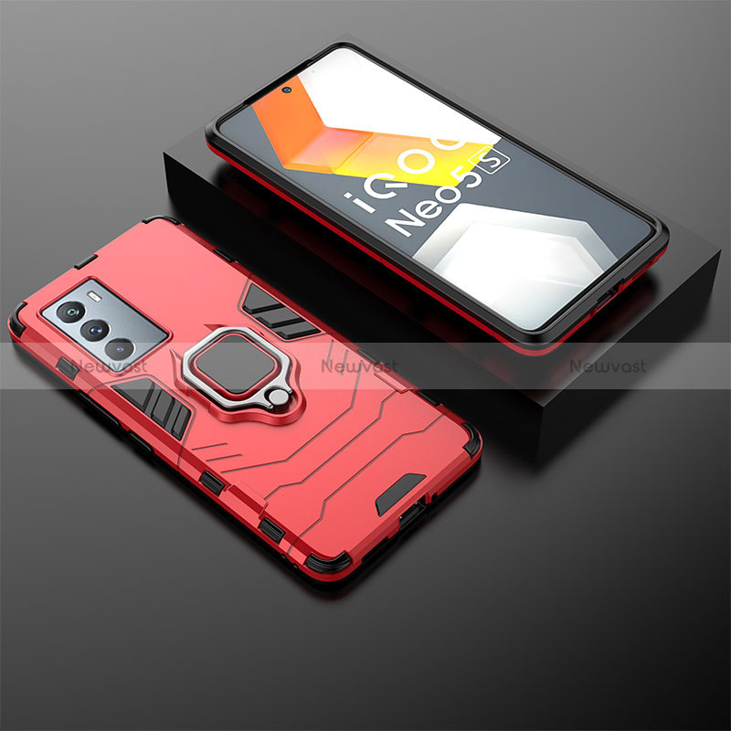 Silicone Matte Finish and Plastic Back Cover Case with Magnetic Finger Ring Stand for Vivo iQOO 9 SE 5G