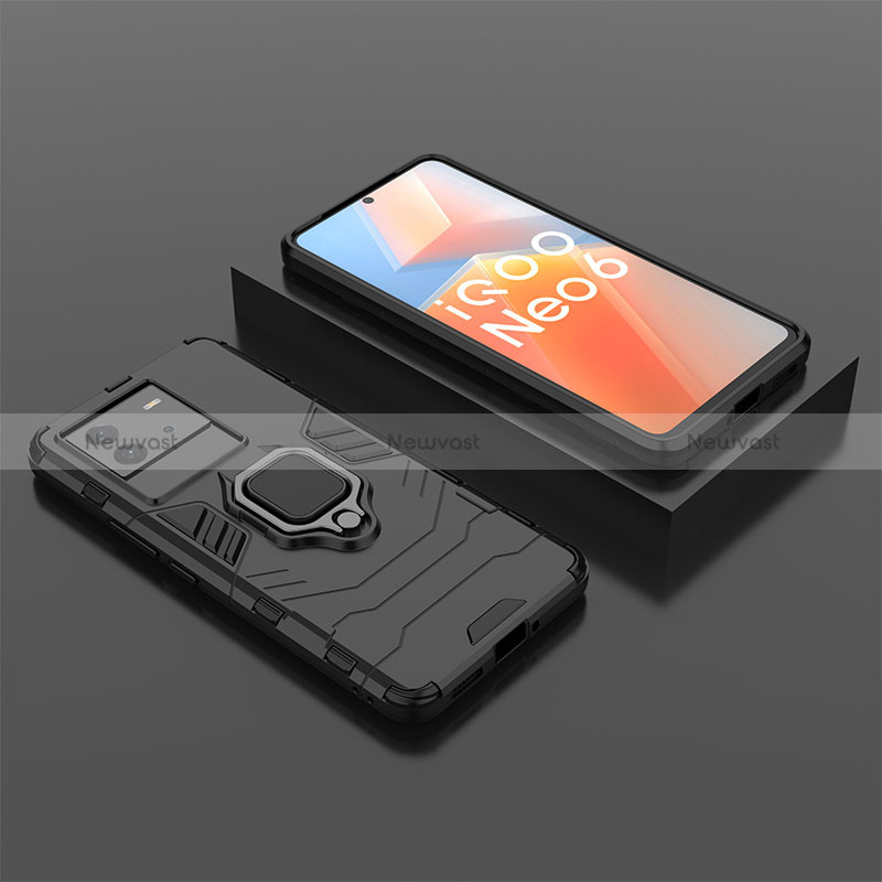 Silicone Matte Finish and Plastic Back Cover Case with Magnetic Finger Ring Stand for Vivo iQOO Neo6 5G