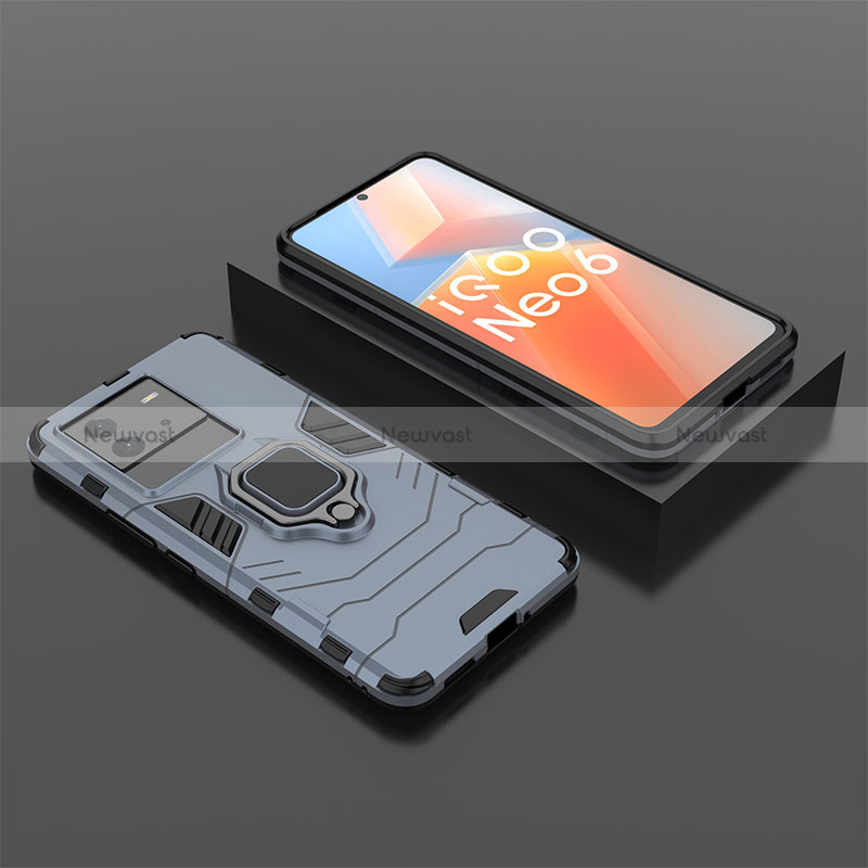 Silicone Matte Finish and Plastic Back Cover Case with Magnetic Finger Ring Stand for Vivo iQOO Neo6 5G