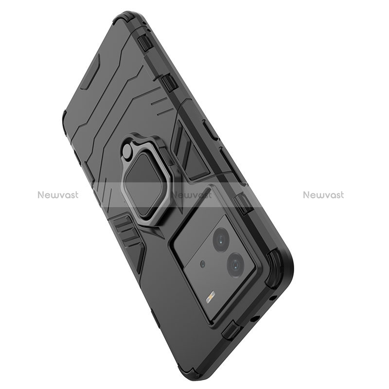 Silicone Matte Finish and Plastic Back Cover Case with Magnetic Finger Ring Stand for Vivo iQOO Neo6 5G