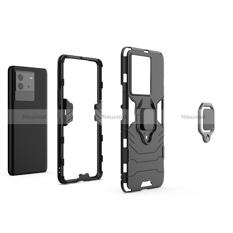 Silicone Matte Finish and Plastic Back Cover Case with Magnetic Finger Ring Stand for Vivo iQOO Neo6 5G