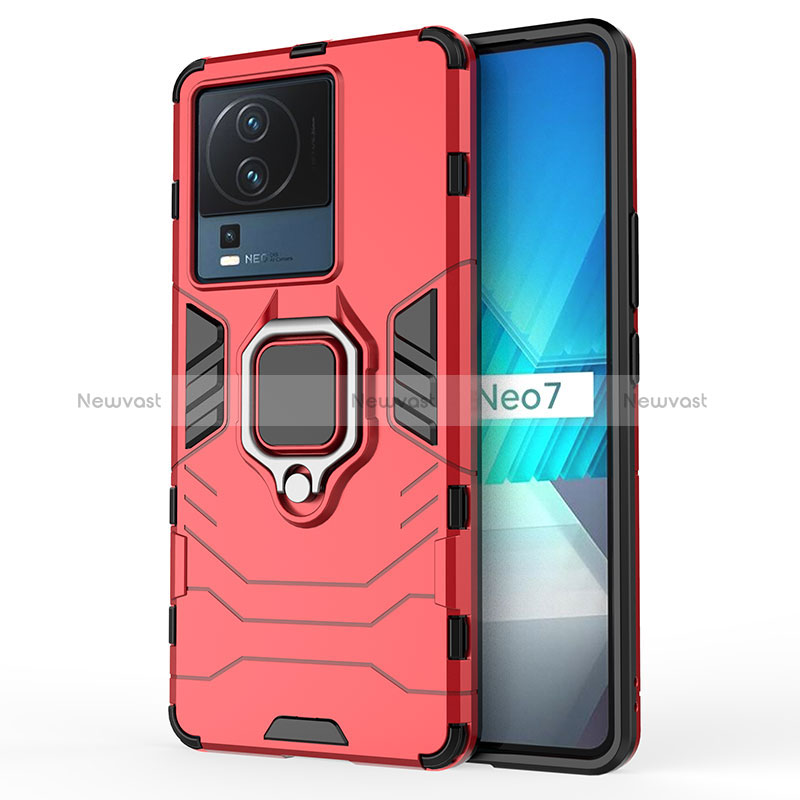 Silicone Matte Finish and Plastic Back Cover Case with Magnetic Finger Ring Stand for Vivo iQOO Neo7 5G Red