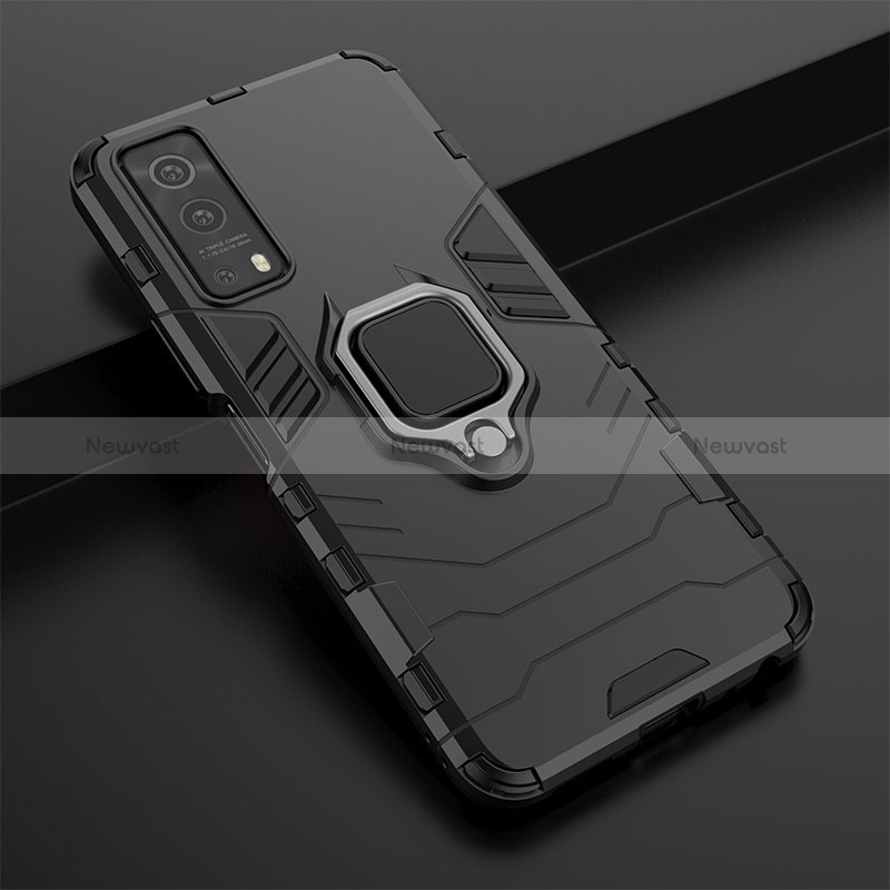 Silicone Matte Finish and Plastic Back Cover Case with Magnetic Finger Ring Stand for Vivo iQOO Z3 5G