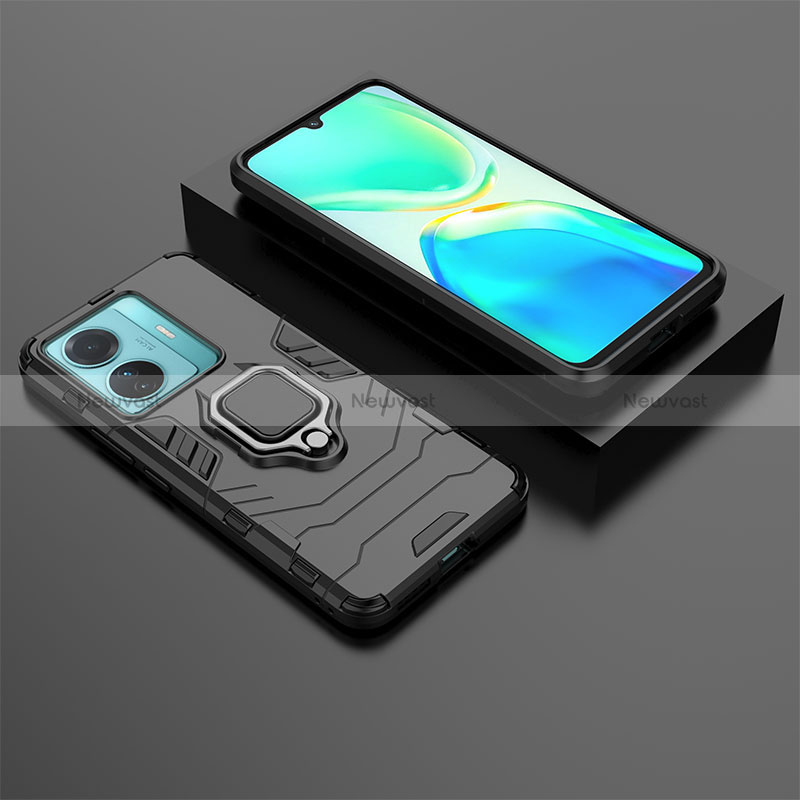 Silicone Matte Finish and Plastic Back Cover Case with Magnetic Finger Ring Stand for Vivo iQOO Z6 Pro 5G