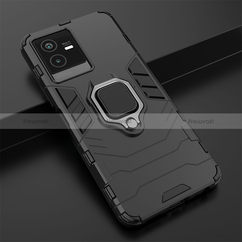 Silicone Matte Finish and Plastic Back Cover Case with Magnetic Finger Ring Stand for Vivo iQOO Z6x