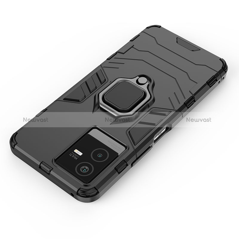 Silicone Matte Finish and Plastic Back Cover Case with Magnetic Finger Ring Stand for Vivo iQOO Z6x