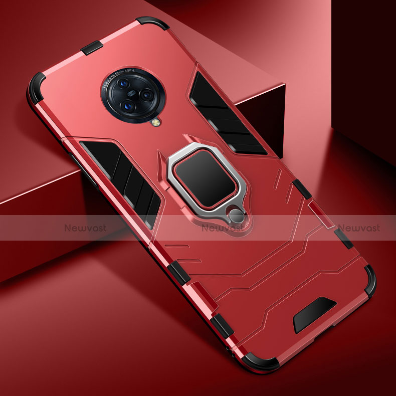 Silicone Matte Finish and Plastic Back Cover Case with Magnetic Finger Ring Stand for Vivo Nex 3 5G Red