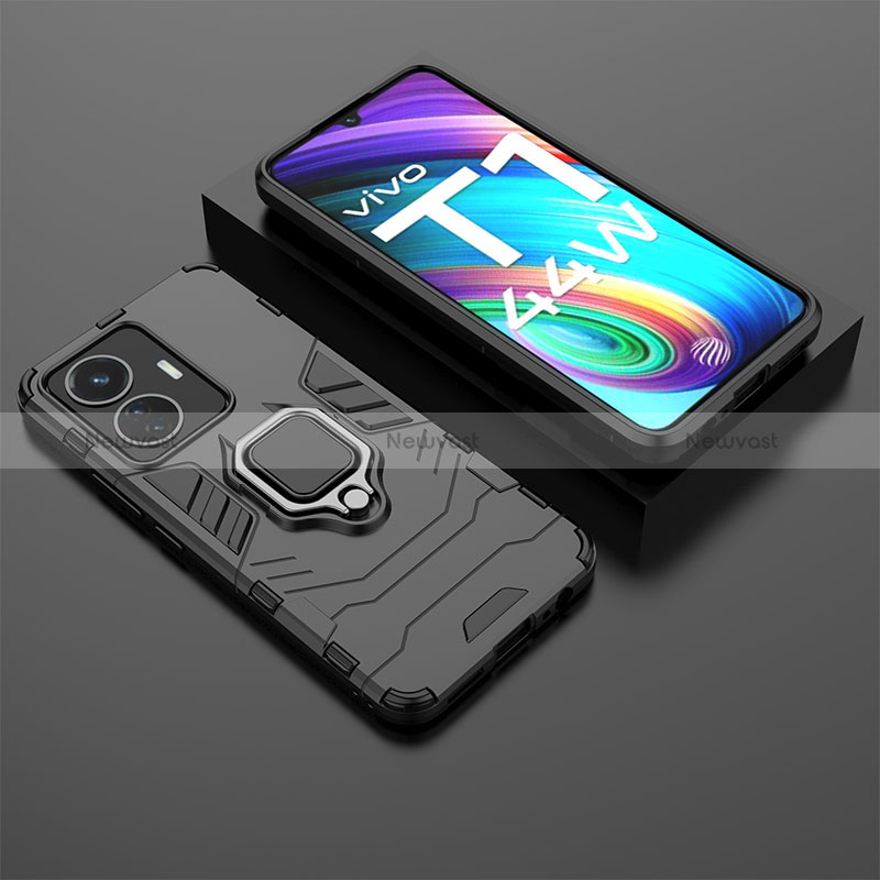 Silicone Matte Finish and Plastic Back Cover Case with Magnetic Finger Ring Stand for Vivo T1 4G