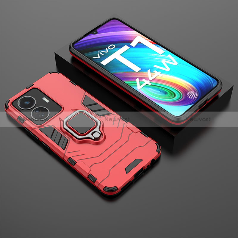 Silicone Matte Finish and Plastic Back Cover Case with Magnetic Finger Ring Stand for Vivo T1 4G