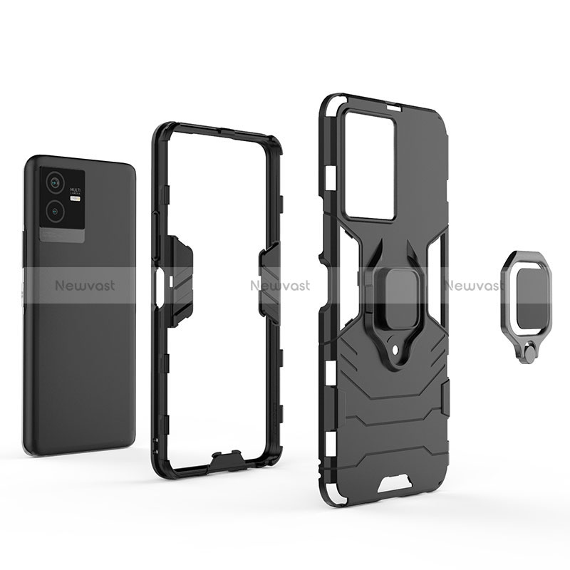 Silicone Matte Finish and Plastic Back Cover Case with Magnetic Finger Ring Stand for Vivo T2x 5G