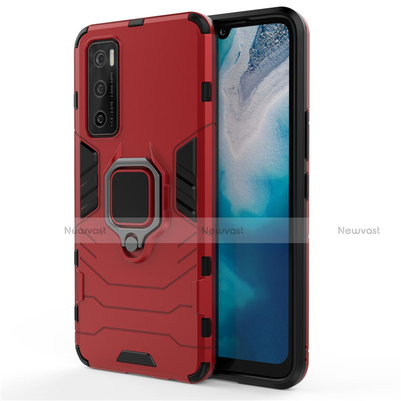 Silicone Matte Finish and Plastic Back Cover Case with Magnetic Finger Ring Stand for Vivo V20 SE Red