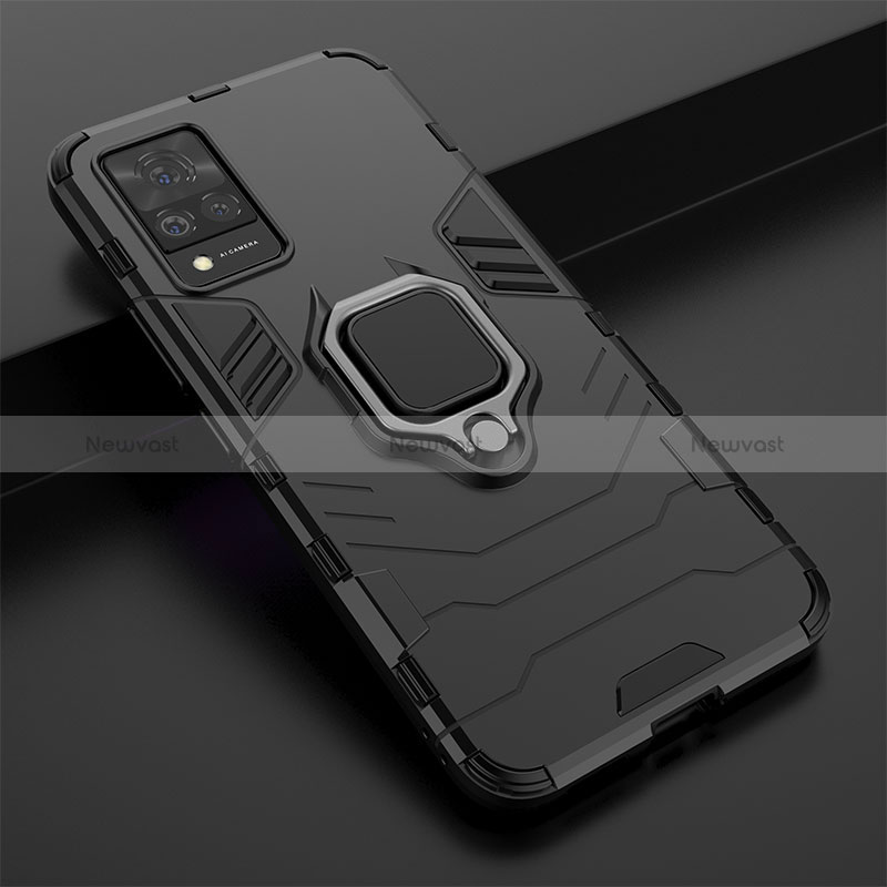 Silicone Matte Finish and Plastic Back Cover Case with Magnetic Finger Ring Stand for Vivo V21 5G