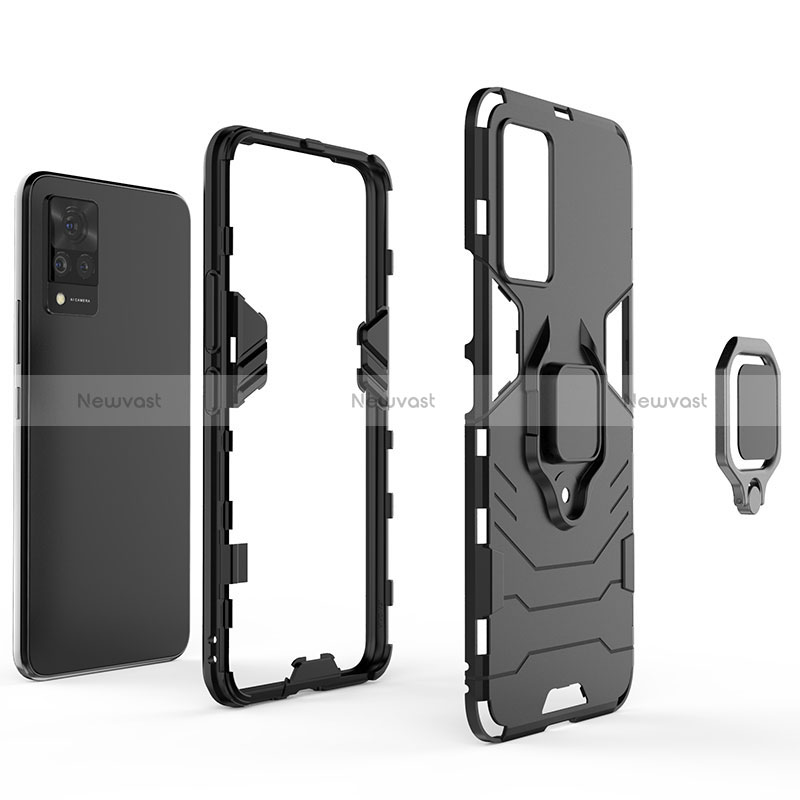 Silicone Matte Finish and Plastic Back Cover Case with Magnetic Finger Ring Stand for Vivo V21 5G