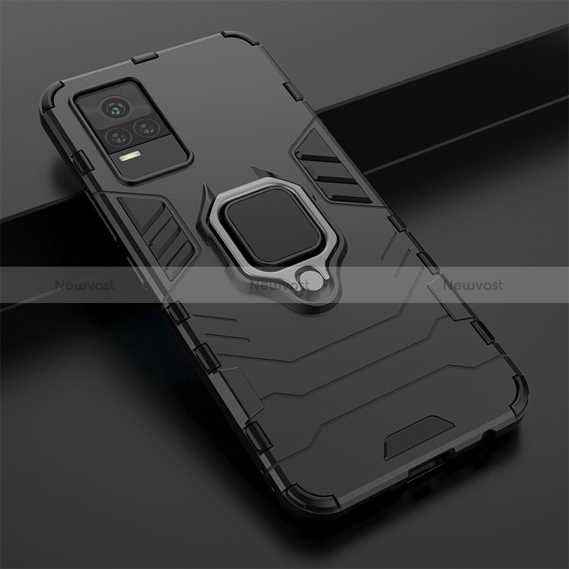 Silicone Matte Finish and Plastic Back Cover Case with Magnetic Finger Ring Stand for Vivo V21e 4G